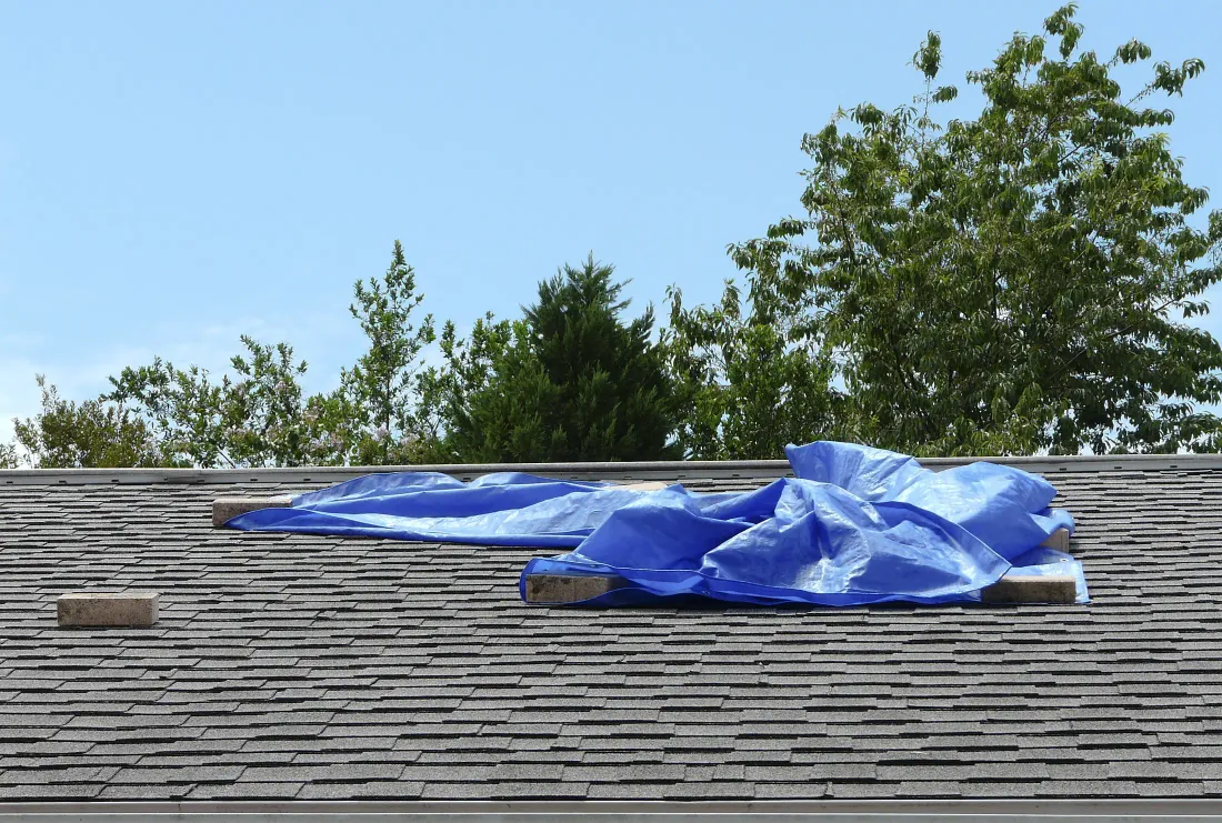A blue emergency tarp covering a damaged section of an asphalt shingle roof to stop active water intrusion